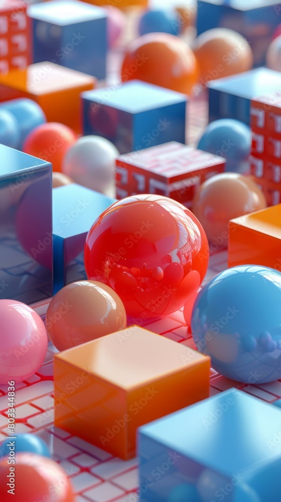 Poster 3d rendering of spheres and cubes with various color combinations