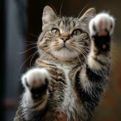 A cute cat is reaching out with its paws in the air