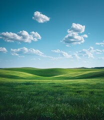 Fototapeta premium Green rolling hills under blue sky with white clouds