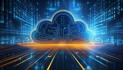 cloud computing in e-commerce, blue digital background with orange lines, cloud service