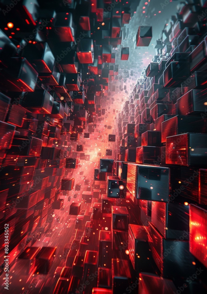 Poster red and black cubes floating in a tunnel