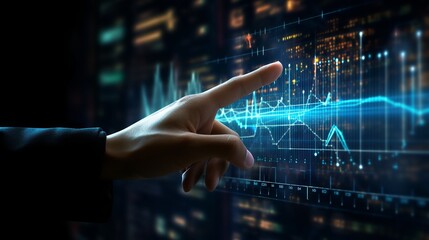 Businessman pointing to metaverse technology growth chart on stock market background

