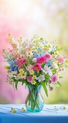 A beautiful bouquet of various flowers in a glass vase