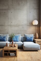 Modern living room interior with concrete wall and large sofa