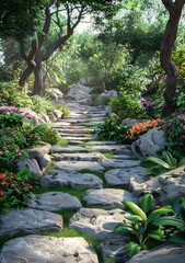 Stone path through a lush garden