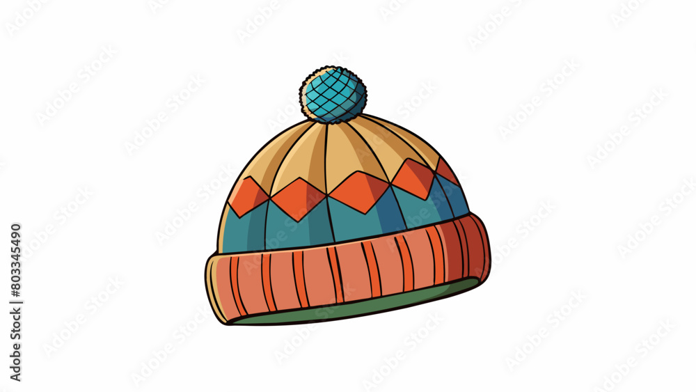 Poster A beanie hat made of soft knitted material with a folded cuff and a pompom on top. The surface of the hat has a geometric pattern made of various. Cartoon Vector