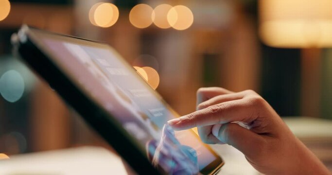 Person, hands and browsing with tablet at night for research or information on website at office. Closeup of user or employee working late and scrolling on technology for tips or helpful advice