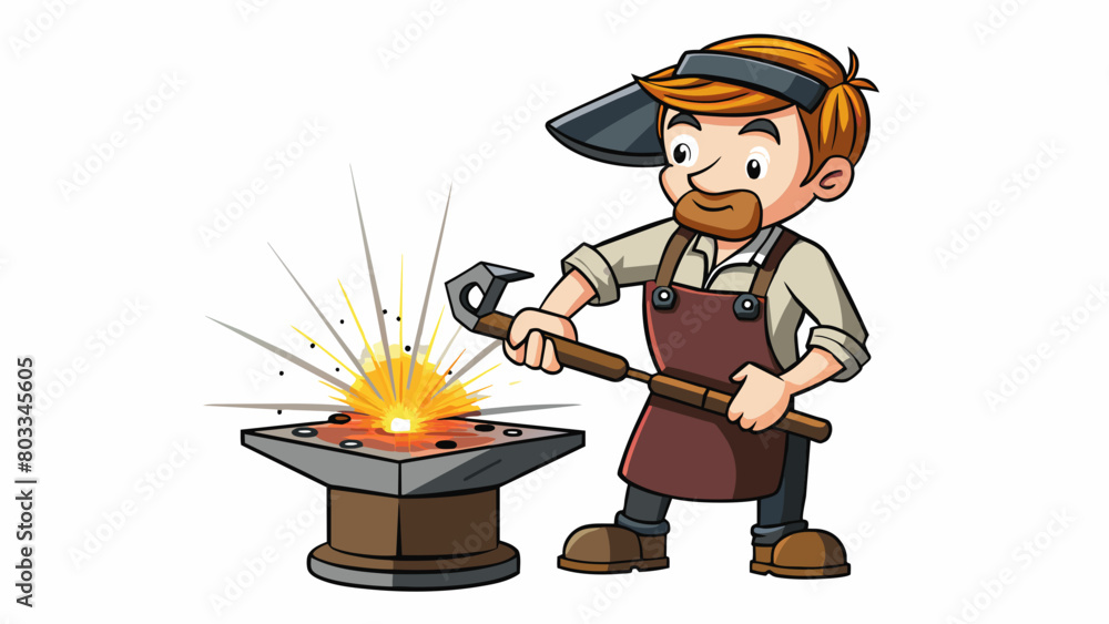 Poster a blacksmith hammers a glowing piece of metal on an anvil shaping it into a sharp sword with precise