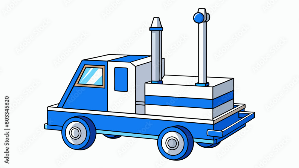 Poster a blue and white machine with a tall mast and a wide flat platform at the base for carrying bulky it