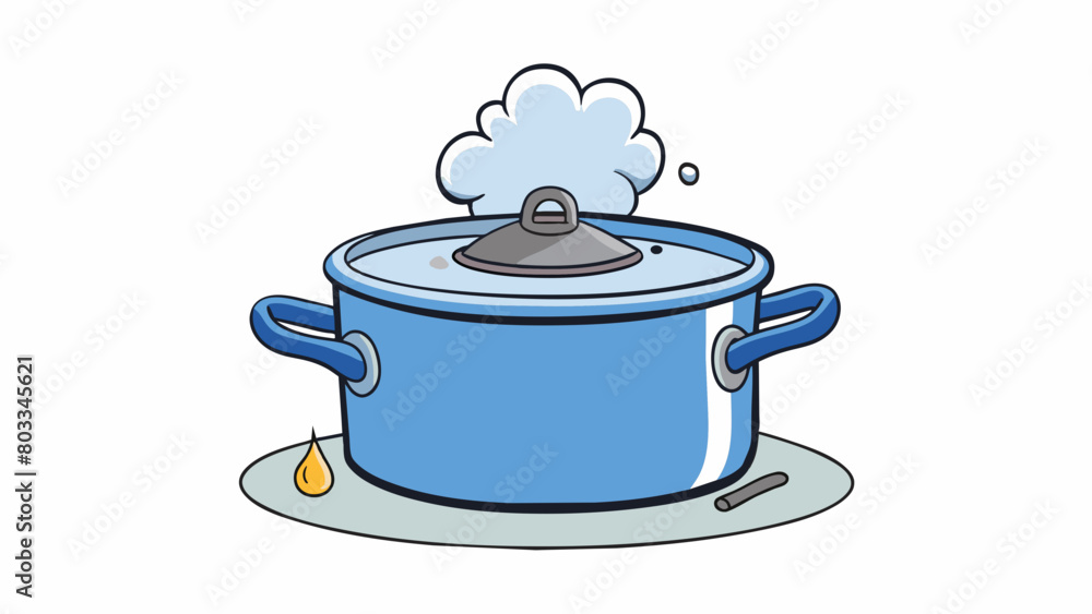 Poster A boiling pot of water on a stovetop steam escaping from the lid a simple overflow could result in a painful burn on your hand.. Cartoon Vector