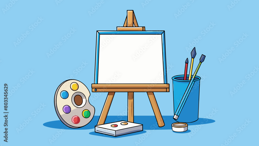 Poster A blank canvas set up on an easel with paintbrushes tubes of paint and a color wheel nearby. The assignment is to create an original piece of art. Cartoon Vector