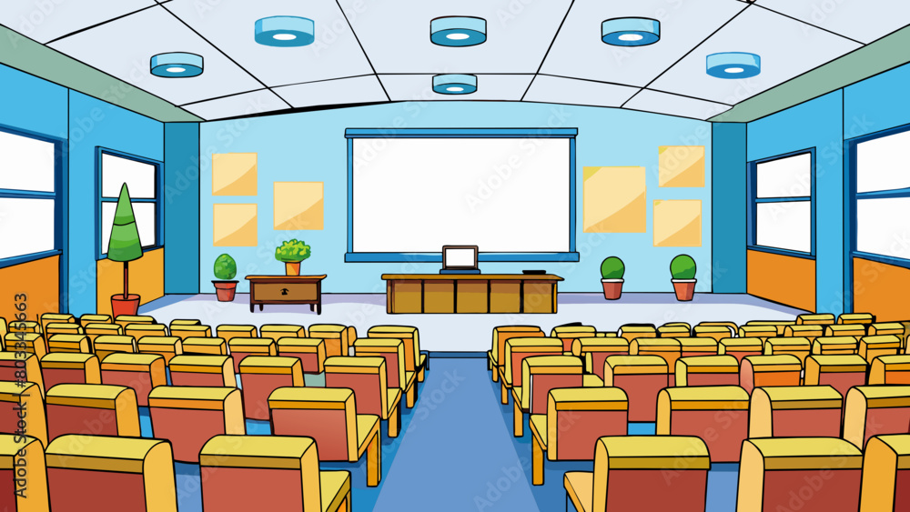Poster A bright lecture hall with high ceilings and rows of desks facing a large projector screen. The walls are covered in whiteboards and posters. Cartoon Vector