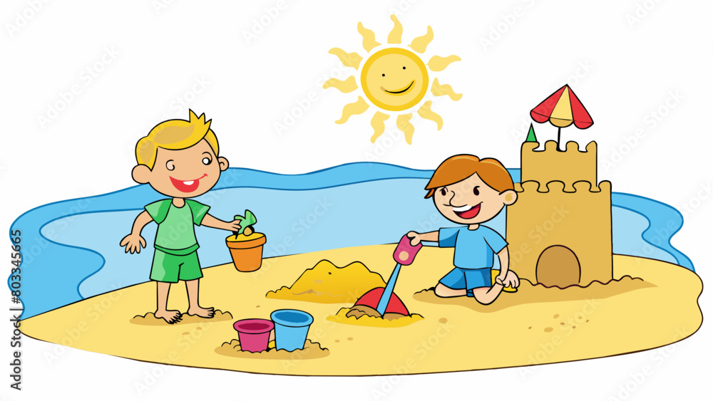 Poster A bright sunny day at the beach with soft sand between your toes and gentle waves lapping at the shore. Children are playing in the water building. Cartoon Vector