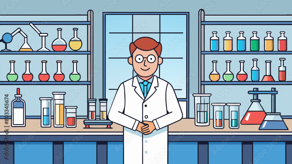 Poster a brightlylit laboratory with rows of shelves filled with test tubes beakers and scientific equipmen