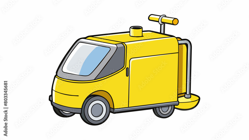 Poster a bright yellow compact machine with small wheels and a sy metal frame used for sweeping and cleanin