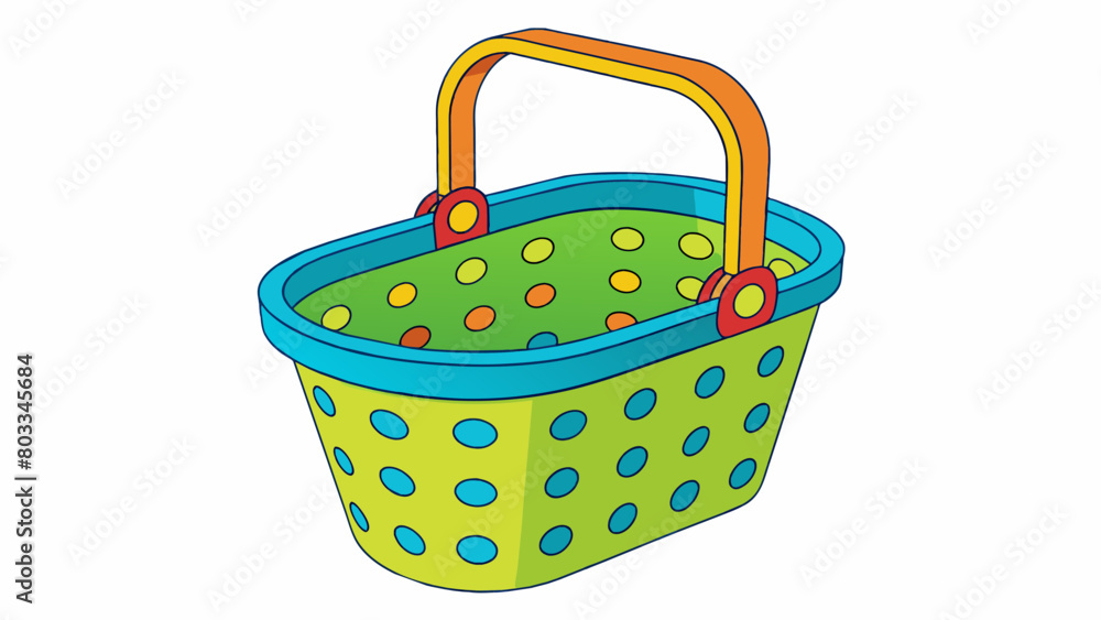 Poster A brightly colored plastic basket with a flat bottom and open top. It has a pattern of holes on the sides and a handle for carrying. The material is. Cartoon Vector