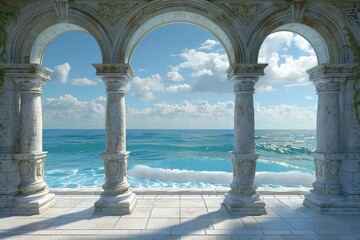 Three white marble archways overlooking a rough ocean
