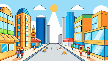 A bright bustling city street lined with tall buildings of glass and steel that reflect the sunlight. Crowds of people hurry along the sidewalks their. Cartoon Vector
