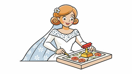A bridetobe carefully stamps a delicate floral pattern onto her wedding invitations using intricate clear stamps. The resulting images are crisp and. Cartoon Vector