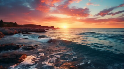 Naklejka premium Rocky beach at sunset