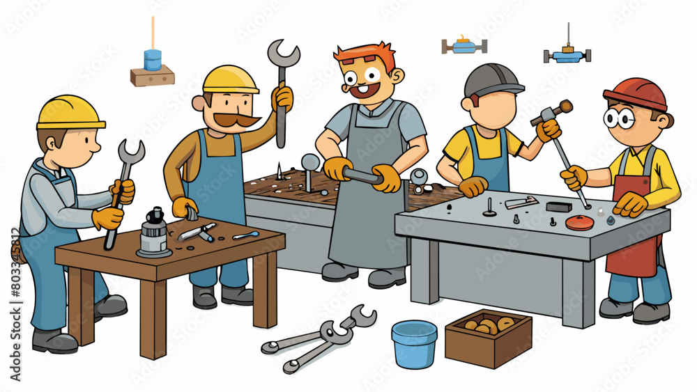Poster A bustling workshop with rows of workbenches covered in tered tools and scraps of metal where craftsmen hammer and mold raw materials into shiny. Cartoon Vector