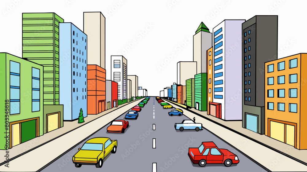 Poster a busy urban street lined with towering buildings on one side and a row of parked cars on the other.