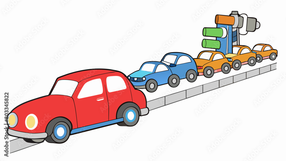 Poster a car engine running and emitting exhaust while waiting in a long line of cars at a traffic light. t