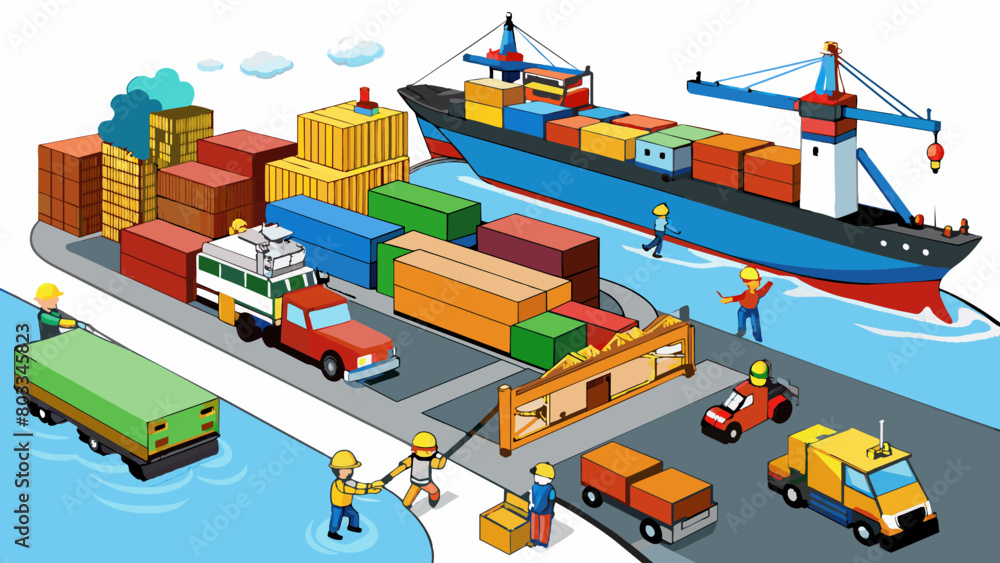 Poster A busy harbor filled with large cargo ships cranes and shipping containers. Trucks and trains are constantly loading and unloading goods while workers. Cartoon Vector