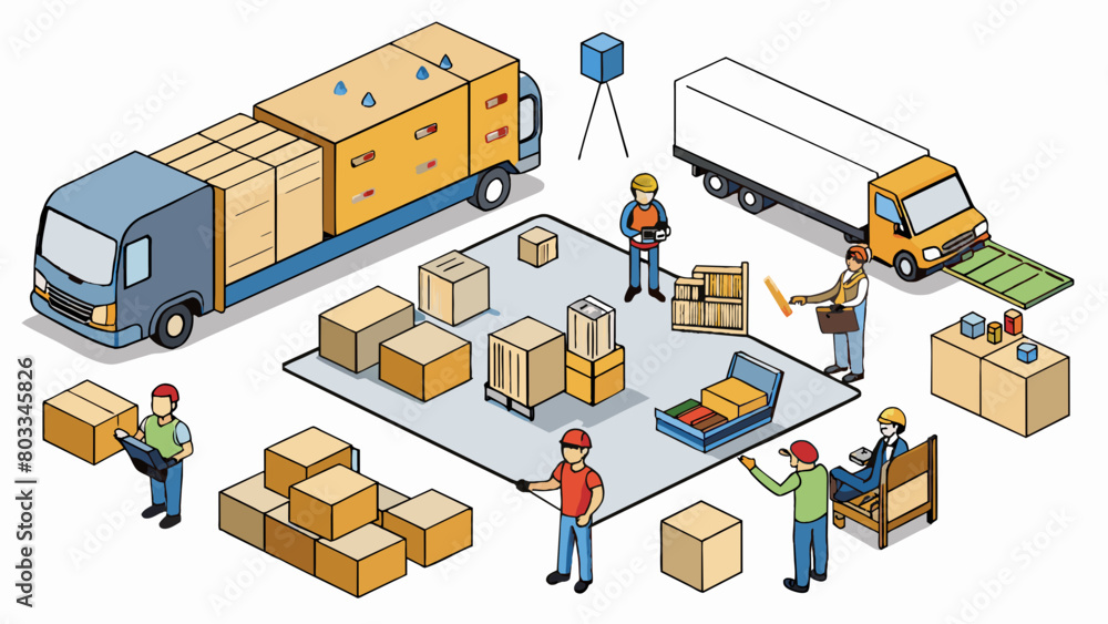 Poster A busy warehouse with a bustling shipping and receiving area. Piles of cardboard boxes and shipping materials are tered around while workers use. Cartoon Vector