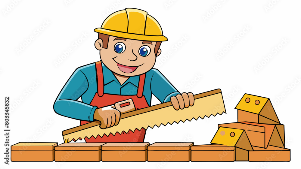Poster A carpenter uses a saw to a piece of wood into several smaller uniform pieces carefully measuring each to ensure they are all the same size.. Cartoon Vector