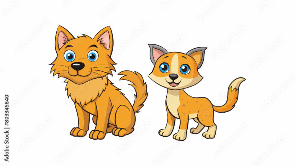 Poster A cat and a dog The cat has soft fur sharp claws and slitted eyes while the dog has short fur floppy ears and a wagging tail.. Cartoon Vector