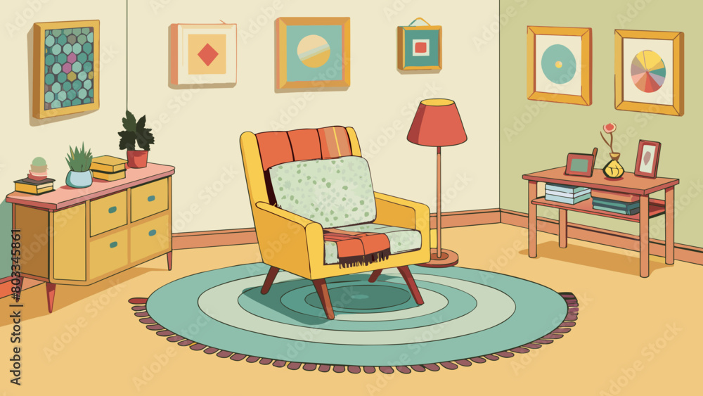Poster a charming apartment with a vintage vibe featuring a rocking chair with a crocheted blanket a floral