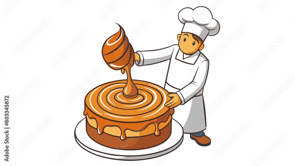 Poster A chef drizzles warm caramel into a spiral pattern on a cake creating a beautiful design with a flick of their wrist.. Cartoon Vector