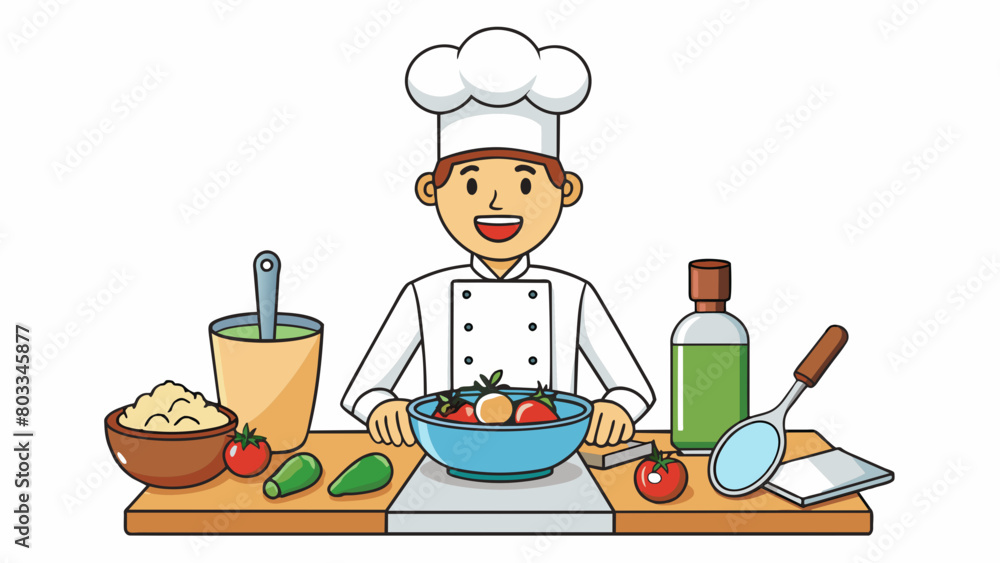 Poster a chef carefully arranging ingredients and kitchen tools on a counter ready to prepare a complex dis