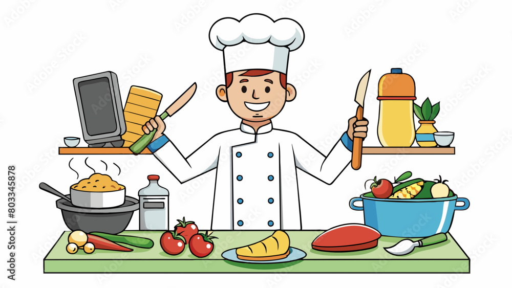 Poster a chef stands in a bustling kitchen wielding sharp knives and various cooking utensils creating deli