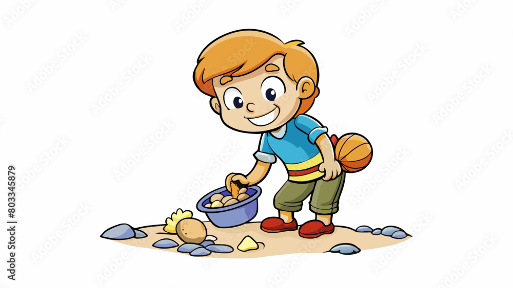 Poster A child eagerly collecting rocks and shells on the beach with the intention of creating a special and unique collection to cherish.. Cartoon Vector
