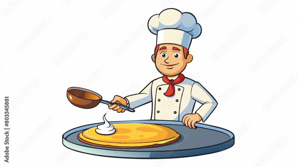 Poster A chef drizzles pancake batter onto a hot griddle using a ladle to form perfect circles and ensure the batter is evenly spread.. Cartoon Vector