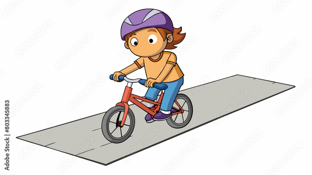 Poster a child learning to ride a bike timidly pushing off and wobbling down the sidewalk as they take thei