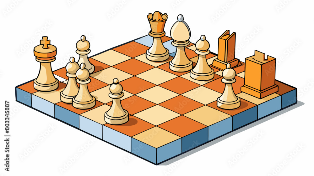 Poster A chess board with pieces strategically arranged showing the potential moves and possible outcomes of each players next move. The strategy in this. Cartoon Vector