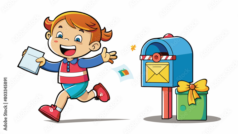Poster A child eagerly runs to the mailbox at the end of her driveway squealing with excitement as she pulls a brightly colored envelope from the stack. She. Cartoon Vector