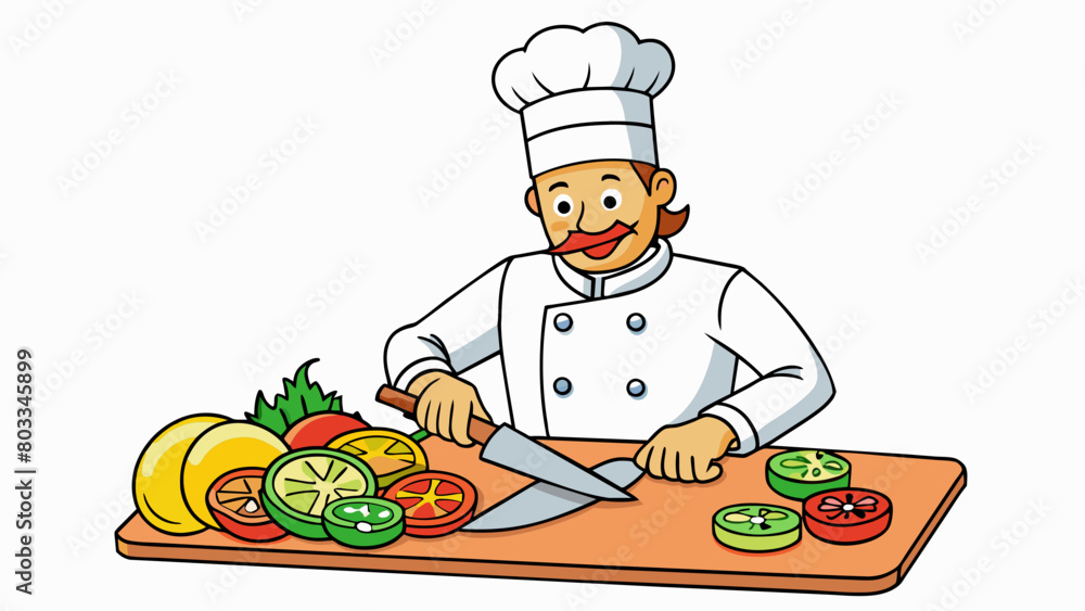 Aufkleber A chef swiftly ting a variety of colorful vegetables into uniform slices with a sharp knife. The slices are precise and consistent in thickness.. Cartoon Vector
