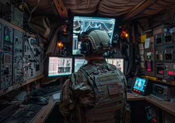 Obraz premium Soldier operates advanced military technology in command center