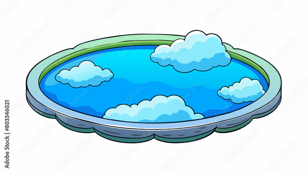 Poster a clear pond reflects a blue sky dotted with fluffy white clouds. the reflection is slightly wavy du