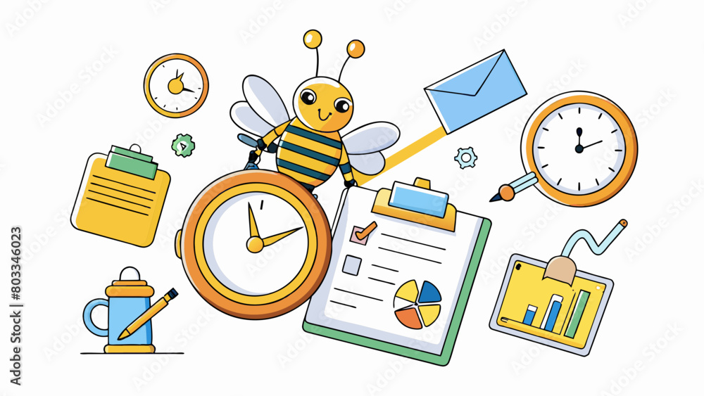 Aufkleber A clock with a busy bee buzzing around it surrounded by numerous unfinished tasks and projects. The bees constant movement and the ticking clock. Cartoon Vector