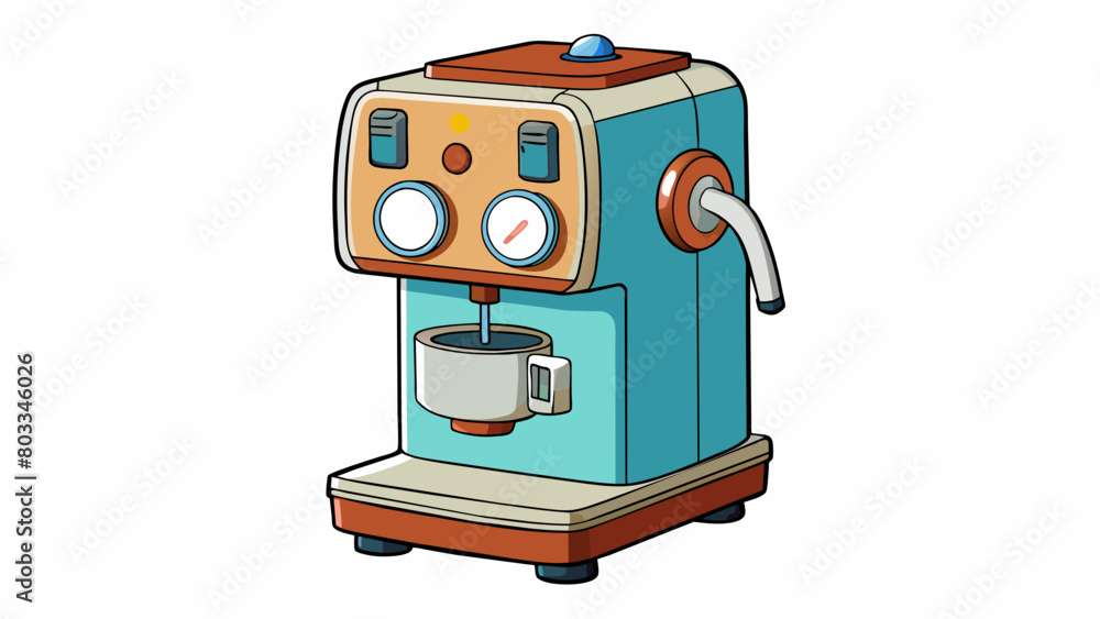 Poster A coffee machine with a builtin timer and auto shutoff feature that saves energy by automatically turning off when not in use.. Cartoon Vector