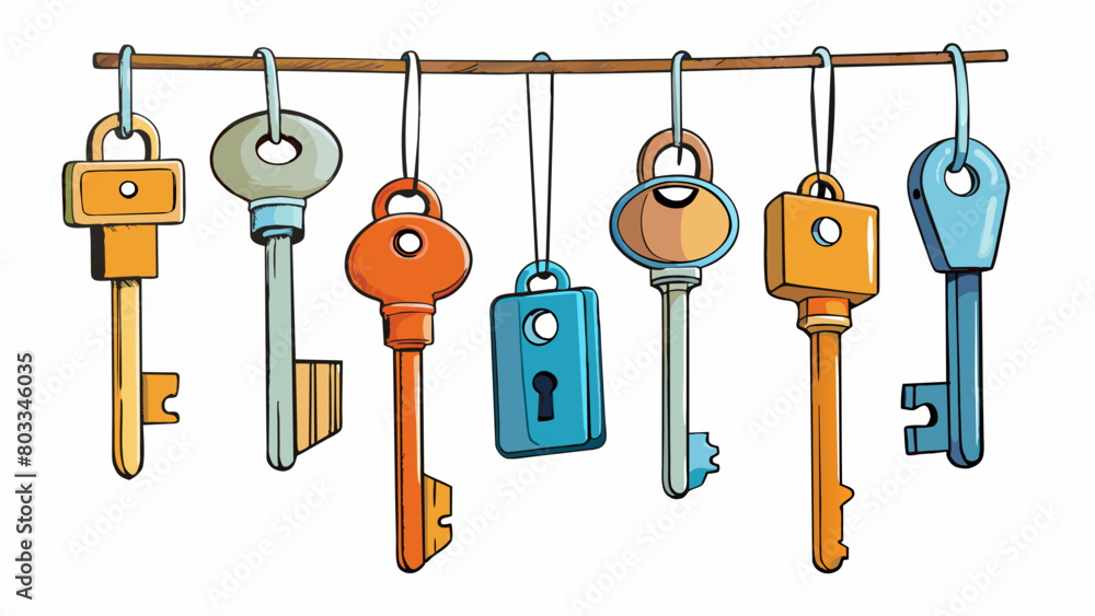 Poster A collection of keys hang from a hook each one unlocking a different door to a potential future. The decision lies in choosing which key to use a. Cartoon Vector