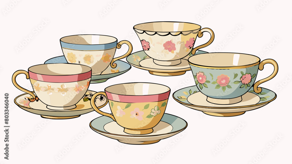 Poster a collection of antique tea cups each with delicate floral designs and gold ts. they vary in size an
