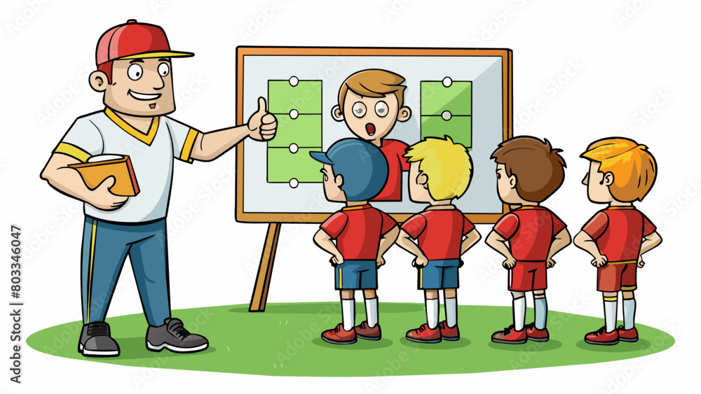 Poster A coach stands on the sidelines clutching a whiteboard instructing their team with hand gestures and animated expressions. The players on the field. Cartoon Vector