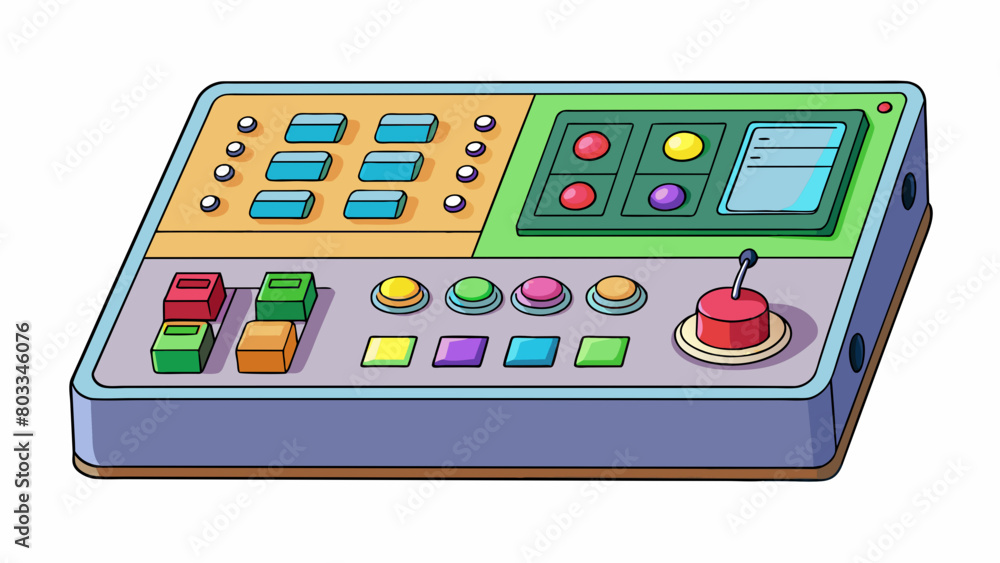 Fototapete A colorful control panel with a mix of analog and digital components. The panel has multiple brightly colored buttons sliders and s along with a LED. Cartoon Vector
