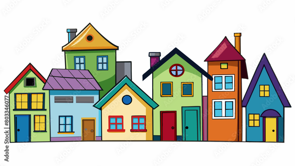 Poster a collection of colorful houses with different designs and sizes reflecting the diverse demographics